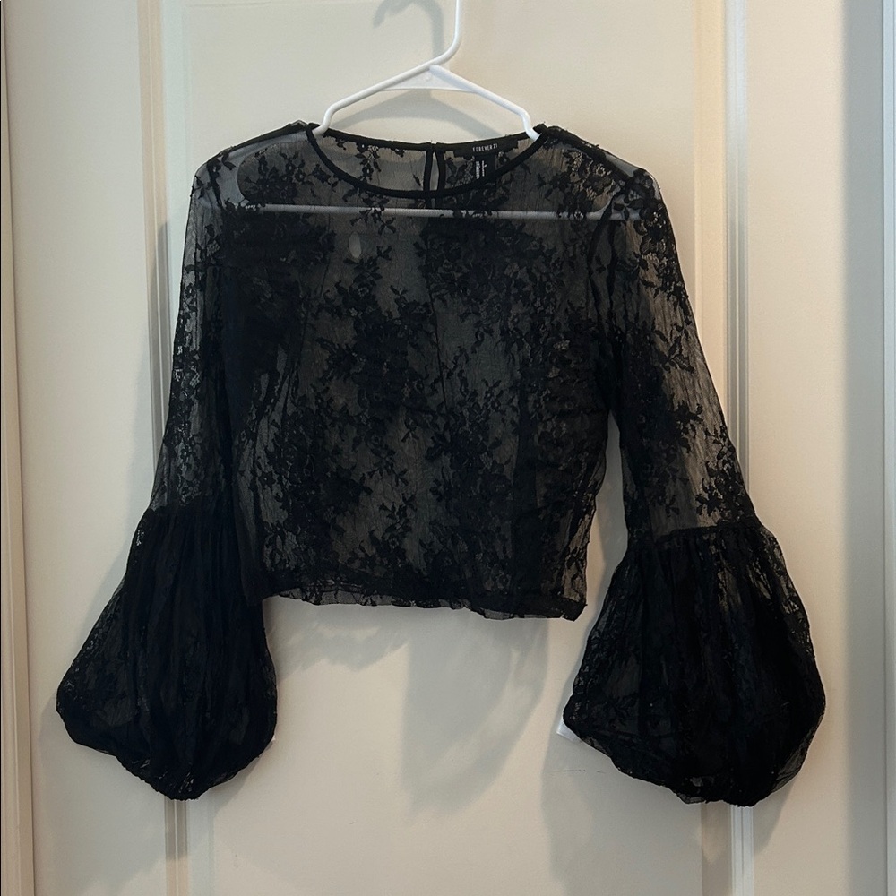 Forever 21 Black Lace Embroidered Top long bell sleeve cuff Gothic Grunge size S